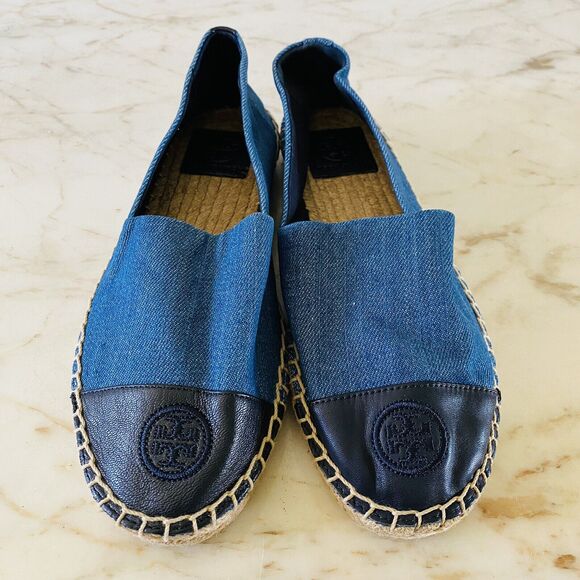 TORY BURCH Solid Blue Denim Canvas Espadrille Flats Small Logo - US 7 - Picture 2 of 8